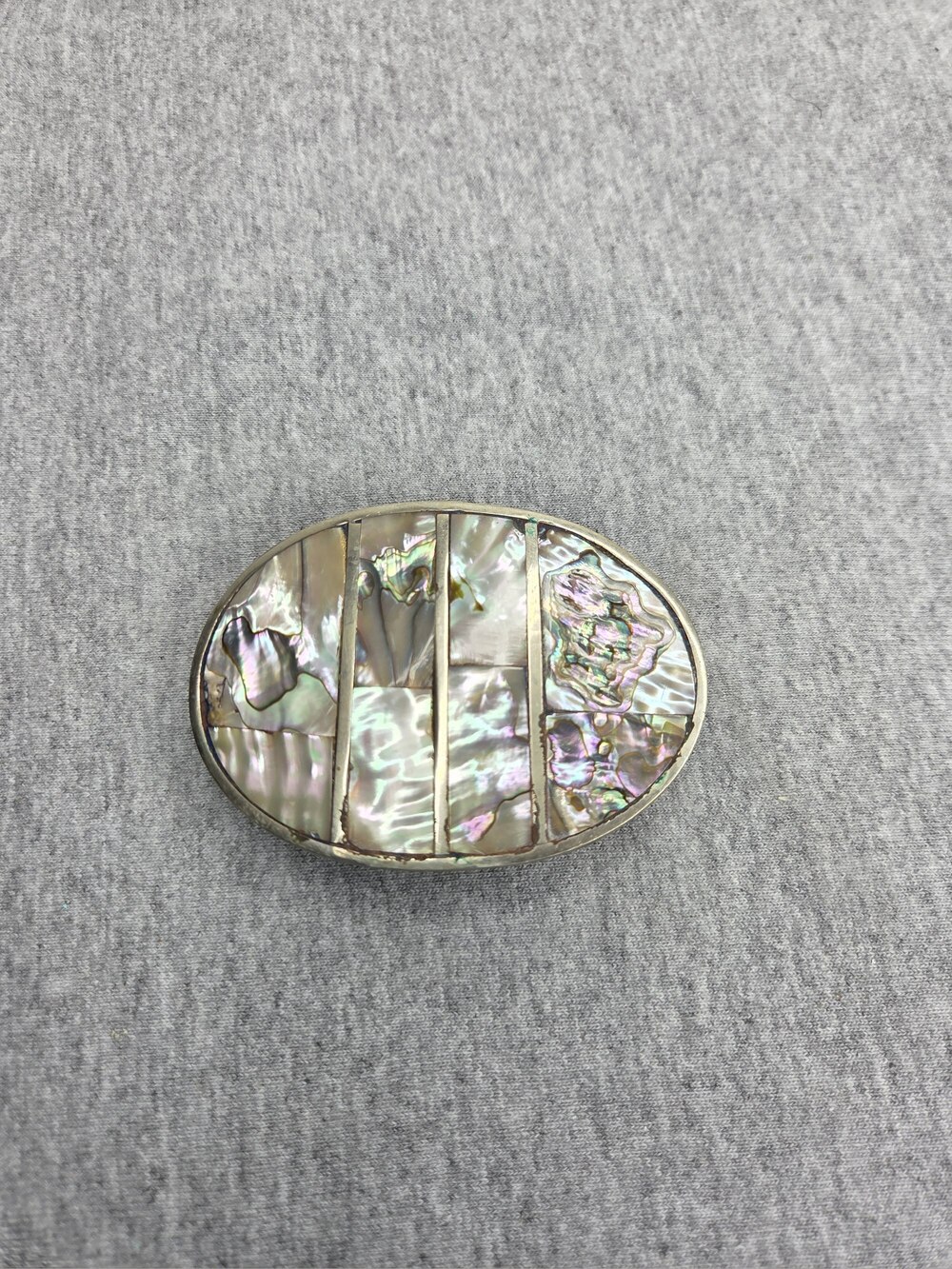 Vintage Abalone Shell Mosaic Belt Buckle Oval Mexican Alpaca Silver Handmade